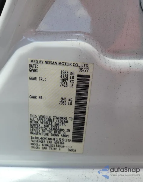 2022 Nissan Altima Sr z USA, uszkodzony, nr VIN 1N4BL4CV1NN415939